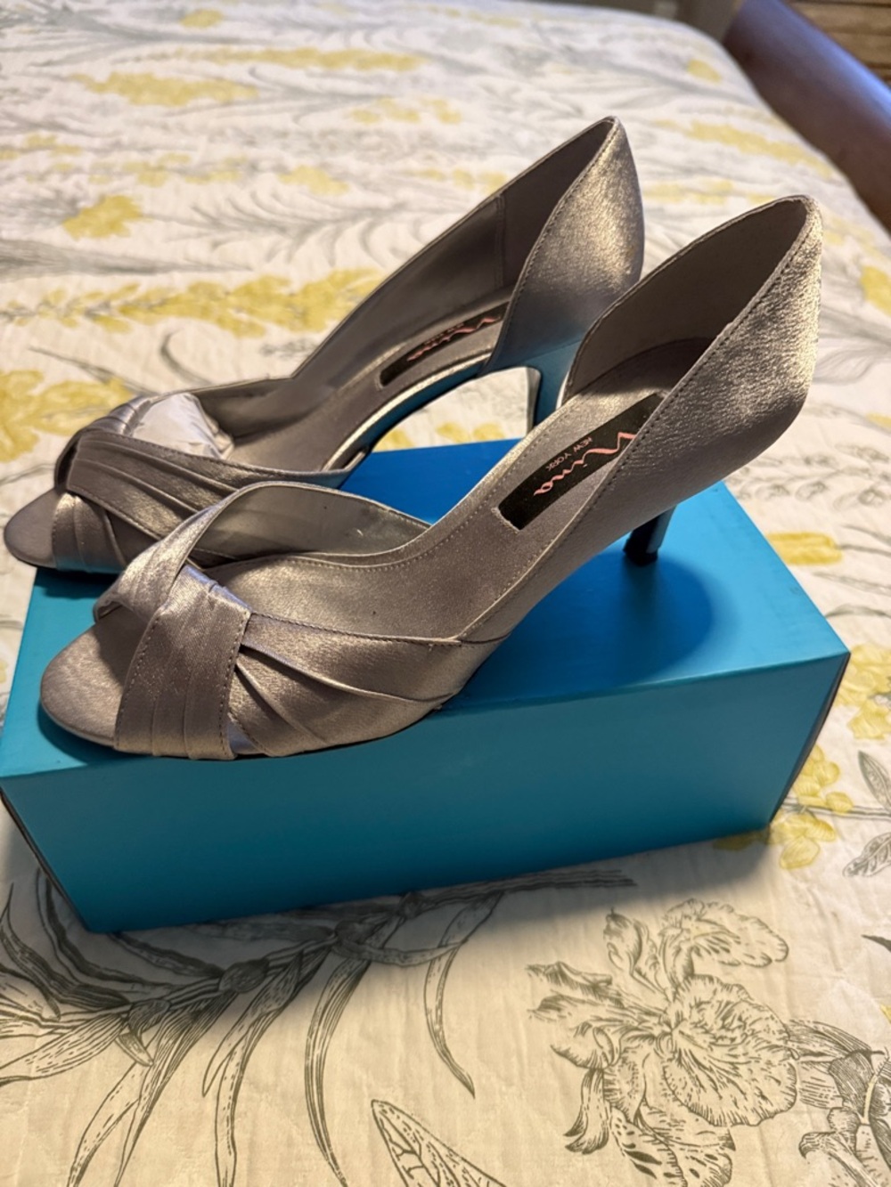 Nina Silver Satin Peep-Toe Heels